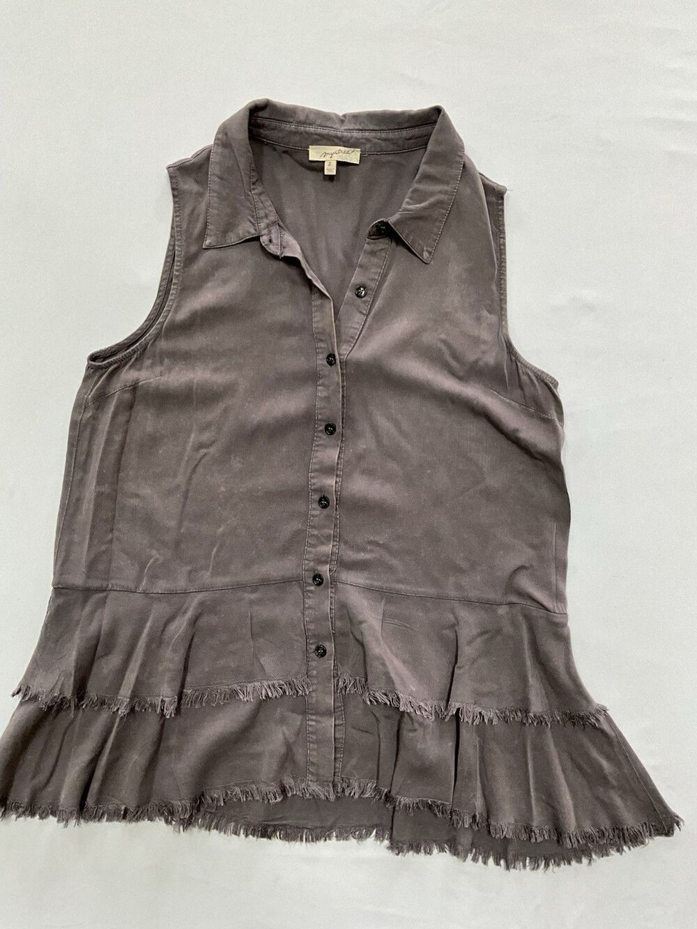 Mystree Button Up Sleeveless Top Peplum Raw Hem Boho Whimsigoth Grey Small